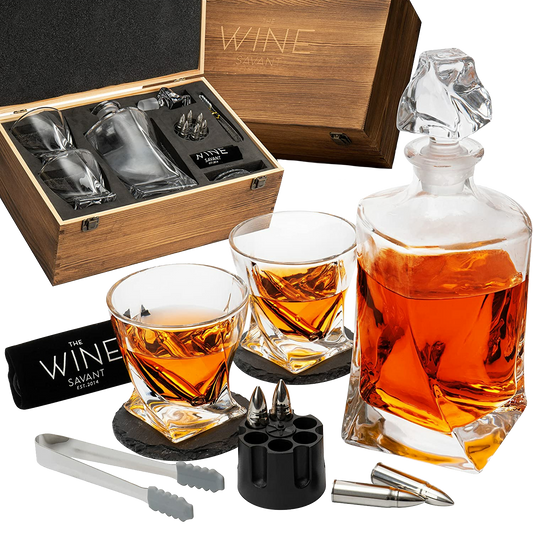 Luxury Whiskey Decanter and Glasses Set - Whiskey Decanter, 2 Twist Whiskey Glasses, 2 Coasters, 6 XL Stainless Steel Whisky Bullets, Tongs & Freezer Pouch Gift Box-0