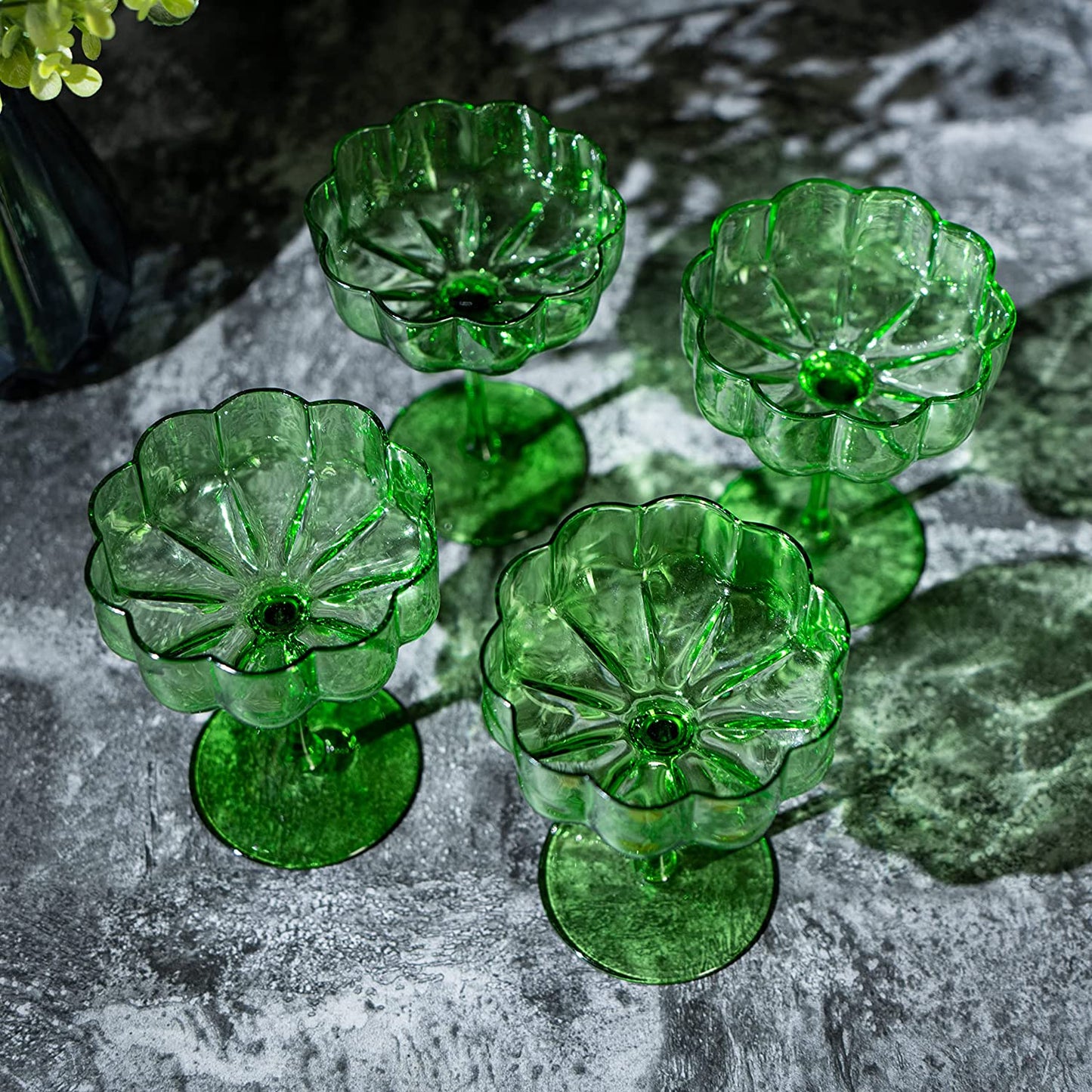 Flower Vintage Wavy Petals Wave Glass Coupes 7oz Colorful Cocktail, - Set of 4 - Rippled & Champagne Glasses, Prosecco, Martini, Mimosa, Cocktail Set, Bar Glassware Copyright & Patent Pending (Green)-5