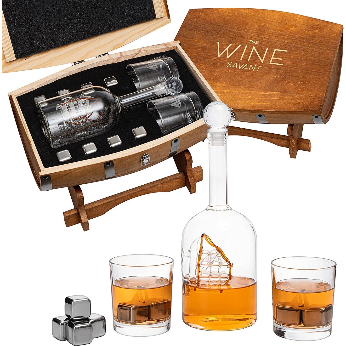 Large Display Whiskey & Wine Decanter with Antique Ship - Handcrafted Wood Barrel Storage - Wine Savant Decanters Gifts Set with 2 Glasses, & Drink Chiller Stones for Your Bar - 16" x 8" x 15"-3