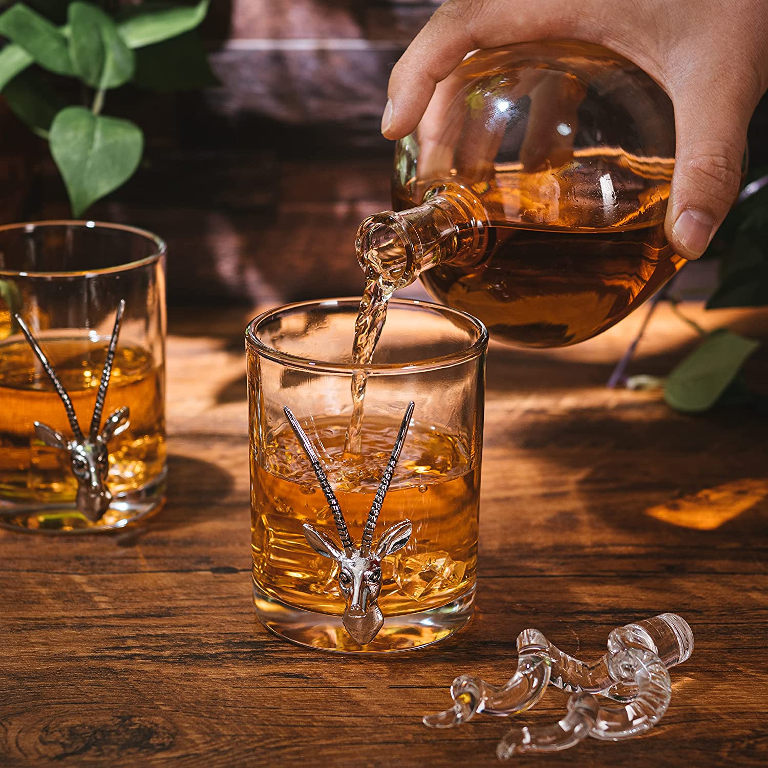 Stag Antler Whiskey Decanter Set 8.5" H with 2 Stag 12oz Glasses - Hunting Liquor Scotch Bourbon Gift for Him by The Wine Savant - Stag Deer Figurine, Hunter Gifts Luxury Decanter 750ml-2