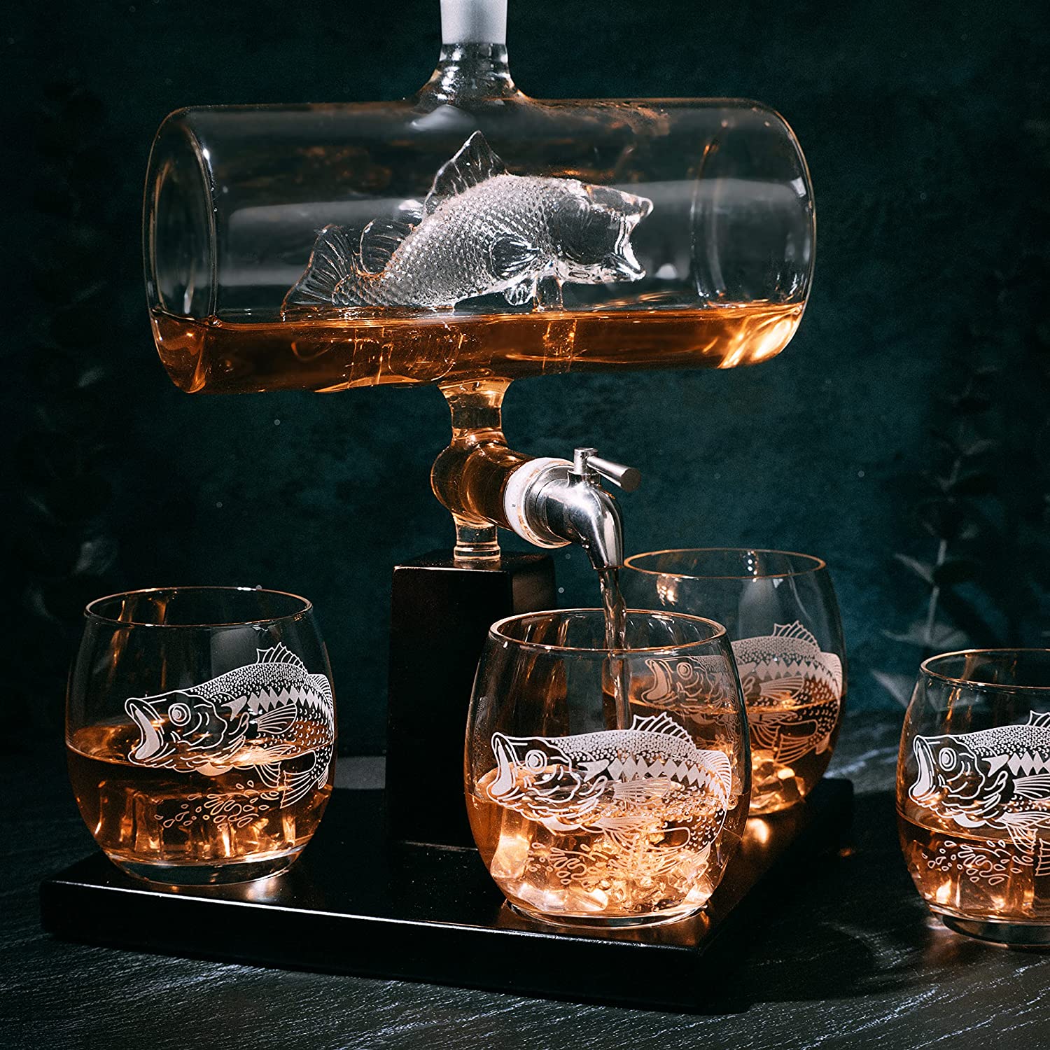 Bass Fish Wine & Whiskey Decanter Set 1100ml by The Wine Savant with 4 Bass Whiskey Glasses, Fishing Gifts, Fisherman Gifts, Boating Gifts, Drink Dispenser Scotch, Bourbon,Gifts for Dad-1