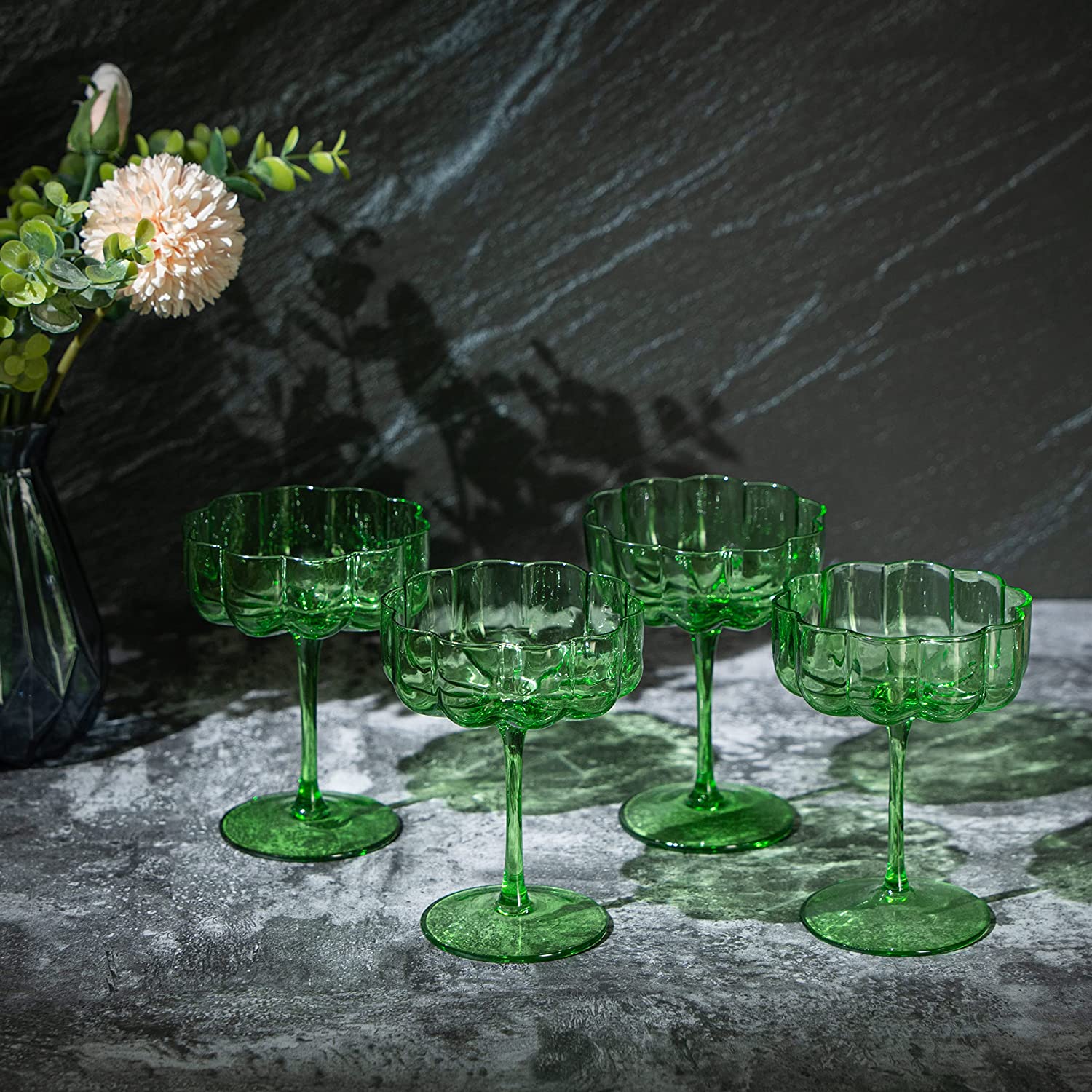 Flower Vintage Wavy Petals Wave Glass Coupes 7oz Colorful Cocktail, - Set of 4 - Rippled & Champagne Glasses, Prosecco, Martini, Mimosa, Cocktail Set, Bar Glassware Copyright & Patent Pending (Green)-1