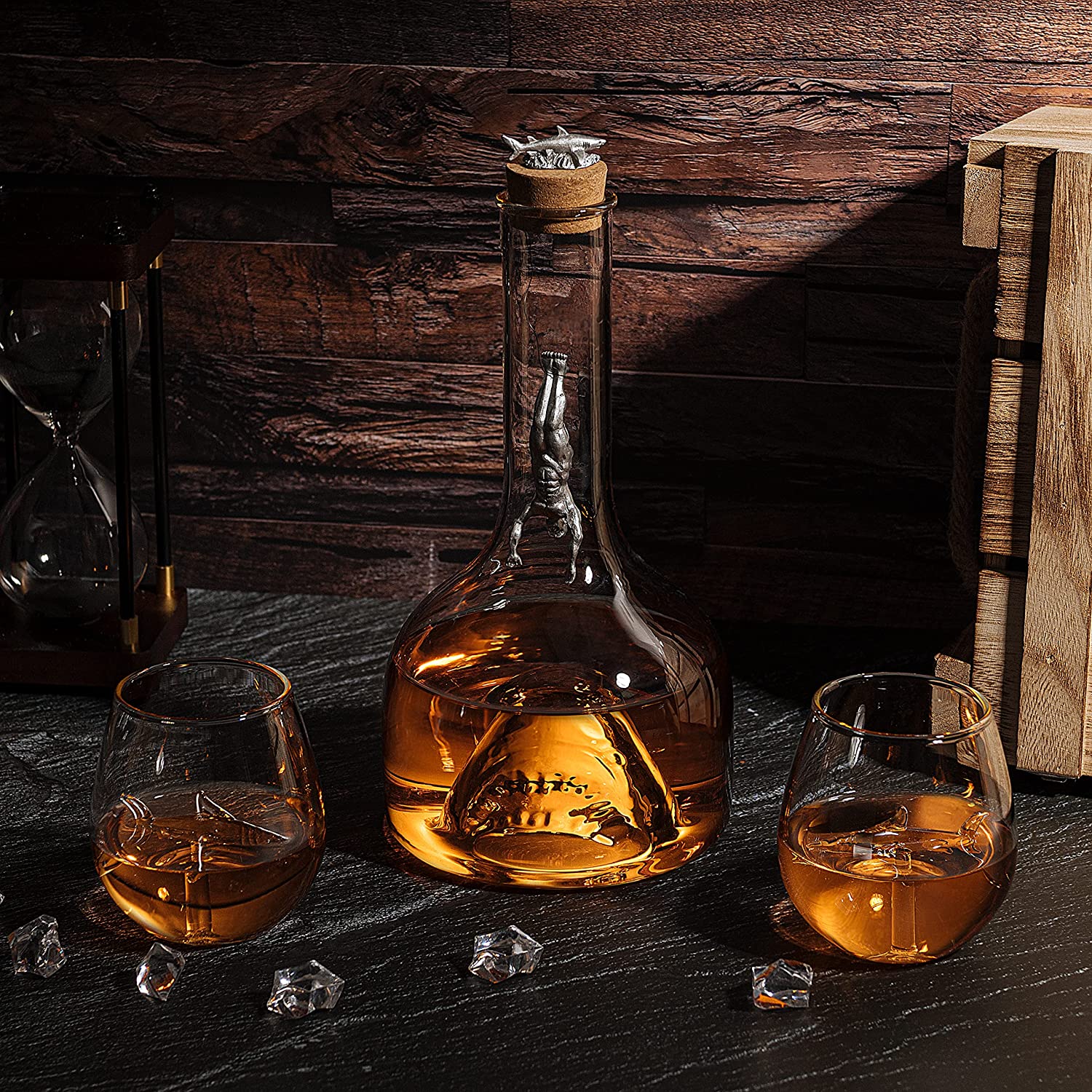 Shark Wine & Whiskey Decanter & Glasses Set by The Wine Savant - 1000ml Shark Decanter with 2 10oz Glasses - Shark Figurine, Aquatic Home Decor, Whiskey Gifts for Sea Lovers, Nautical Gifts, Gift Set-1