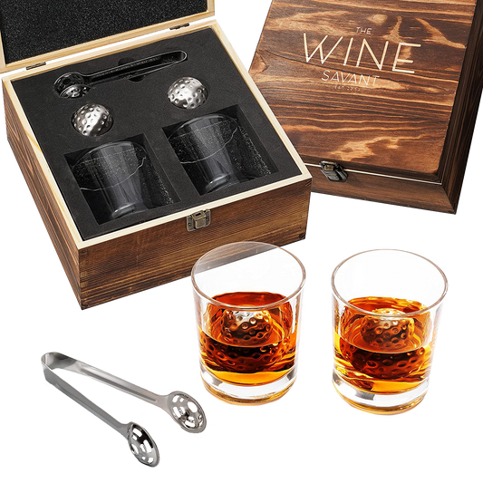 Luxurious Bar Gift Set - Golf Whiskey Glasses - Golf Ball Chillers - Tongs - Set in Premium Wood Box by The Wine Savant - Unique Whiskey Glass Set - Golf Gifts, Golfer Gifts, Gifts for Golf Lovers-0