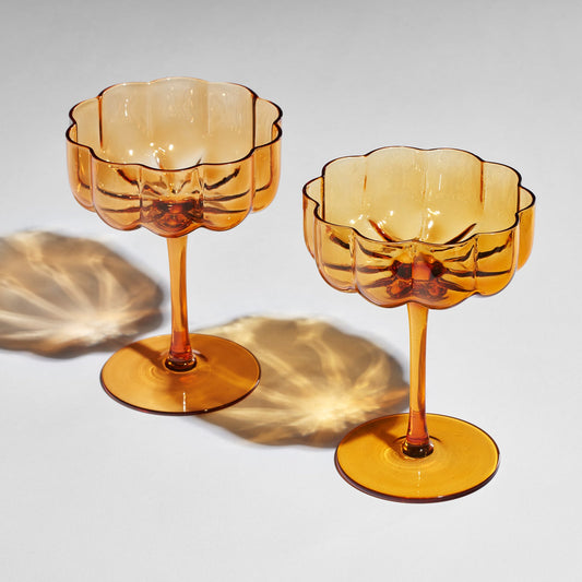 The Wine Savant Flower Vintage Glass Coupes 7oz Colorful Cocktail, Martini & Champagne Glasses, Prosecco, Mimosa Glasses Set, Cocktail Glass Set, Bar Glassware Luster Glasses 3.9" X 5.1" (Amber)-0
