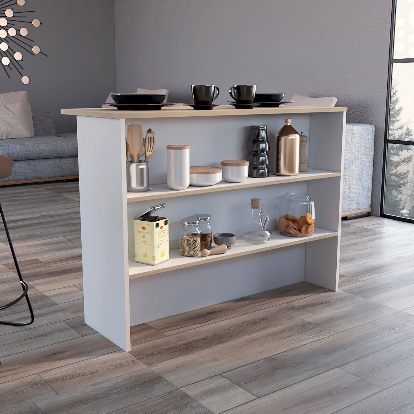 Kitchen Bar Dayton, Dual-Tier Storage, White / Light Pine Finish-0