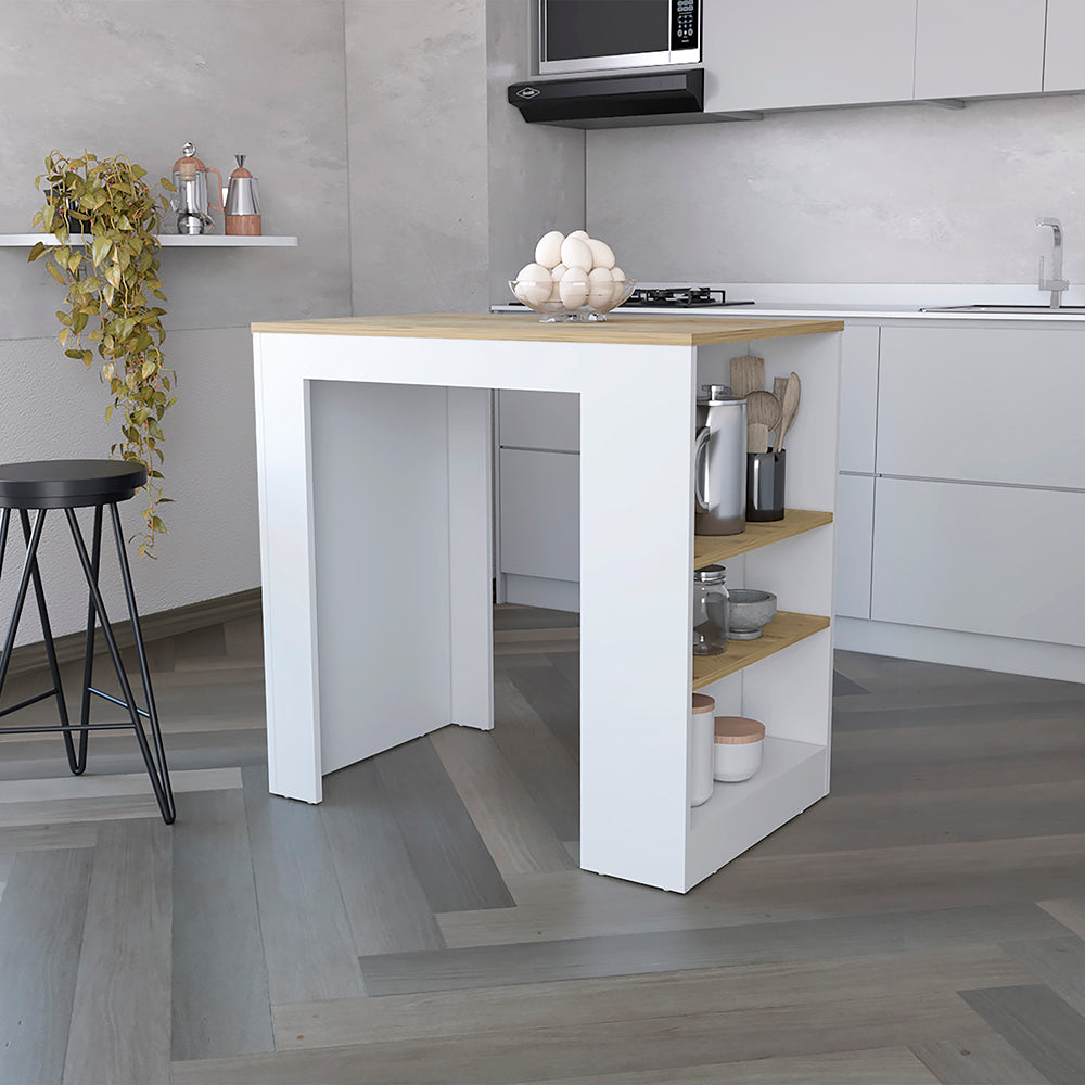Kitchen Island Doyle, Three Side Shelves, White and Light Oak Finish-0