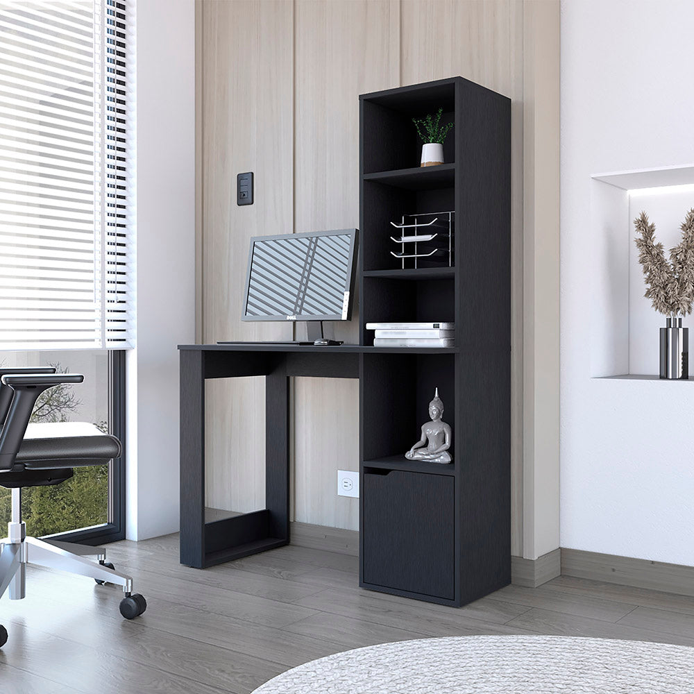 Office Desk Aragon with Four-Tier Bookcase and Lower Cabinet, Black Wengue Finish-0