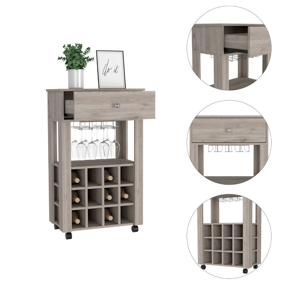 Bar Cart Bayamon, Twelve Wine Cubbies, Four Legs, Light Gray Finish-6
