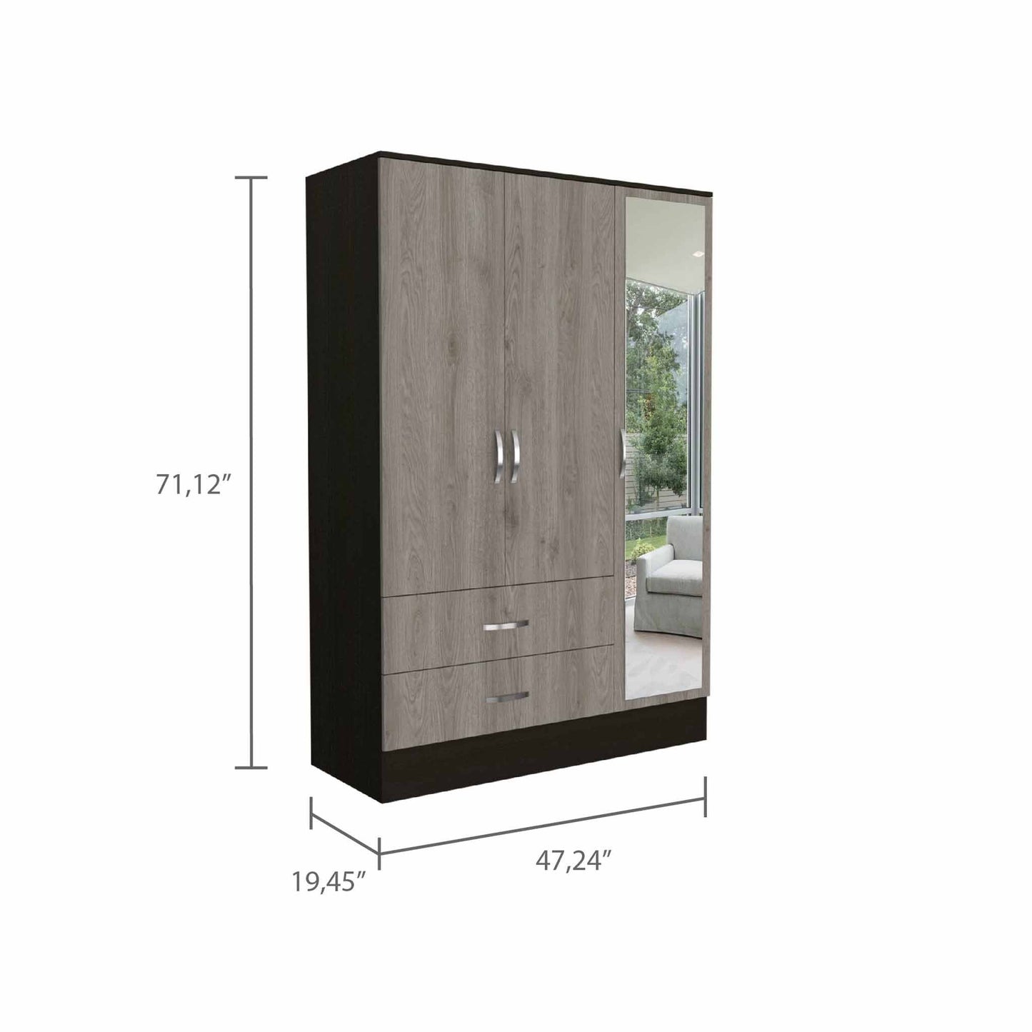Mirrored Armoire Draggo, Double Door Cabinet, Two Drawers , Rods, Black Wengue/ Light Gray Finish-5
