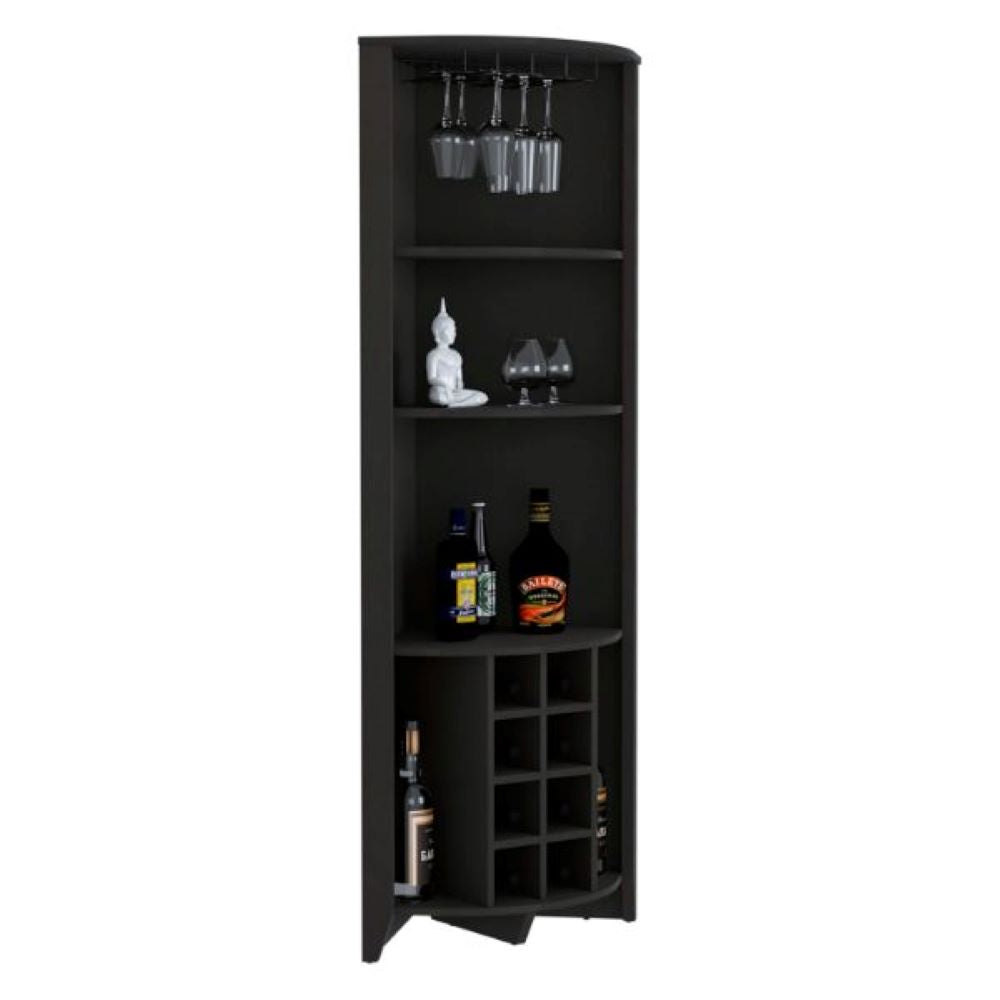 Corner Bar Cabinet  Castle, Three Shelves, Eight Wine Cubbies, Black Wengue Finish-5