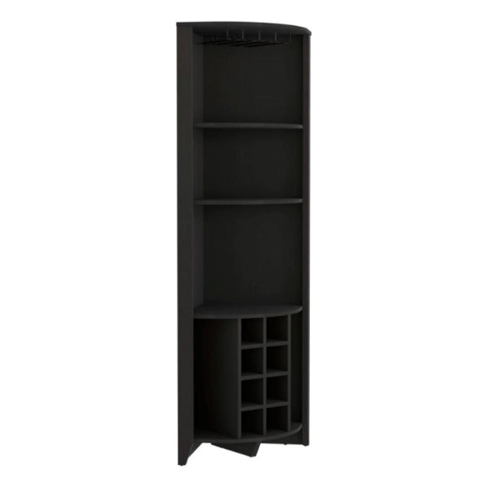 Corner Bar Cabinet  Castle, Three Shelves, Eight Wine Cubbies, Black Wengue Finish-7