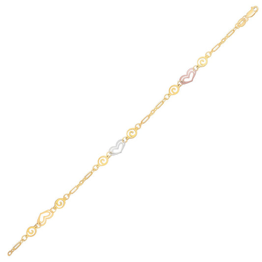 14k Tri-Color Gold Anklet with Multi Color Heart Stations-0