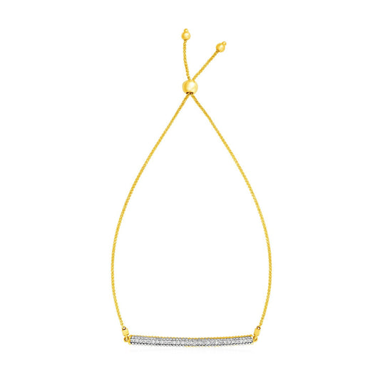 14k Yellow Gold Adjustable Bracelet with Textured Bar and Diamonds-0