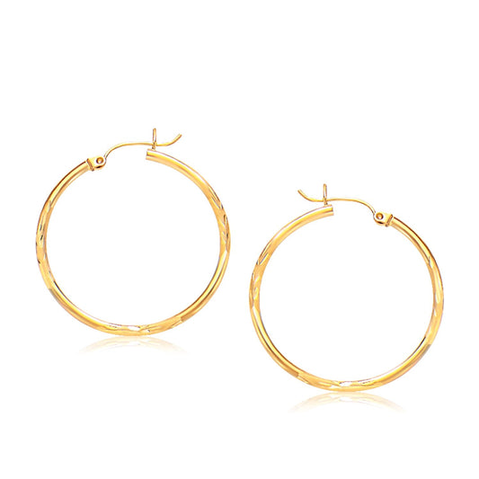 14k Yellow Gold Fancy Diamond Cut Slender Large Hoop Earrings (30mm Diameter)-0