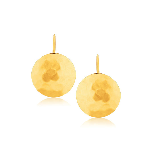 14k Yellow Gold Hammered Texture Disc Drop Earrings Medium-0