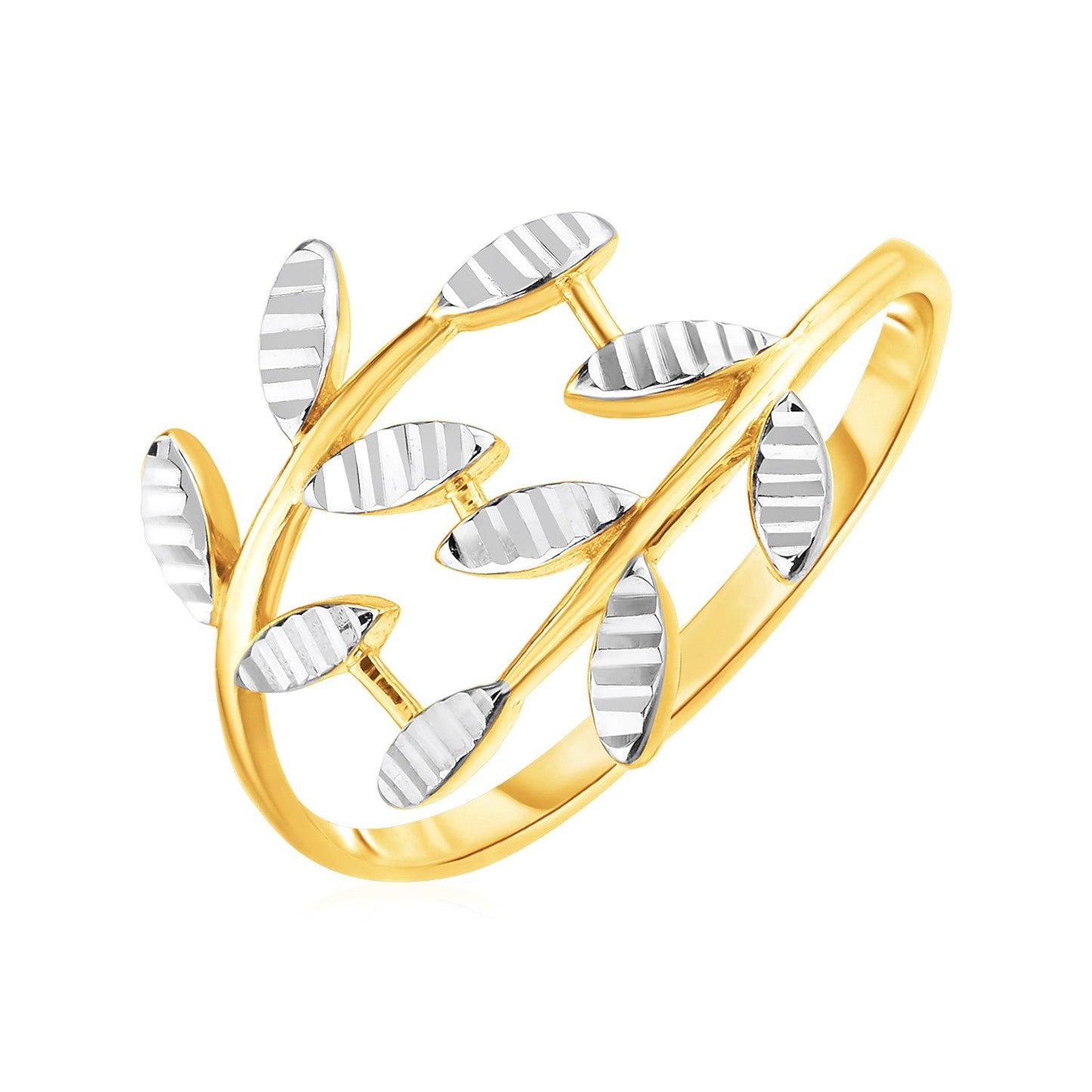 14k Two Tone Gold Crossover Ring with Textured Leaves-0