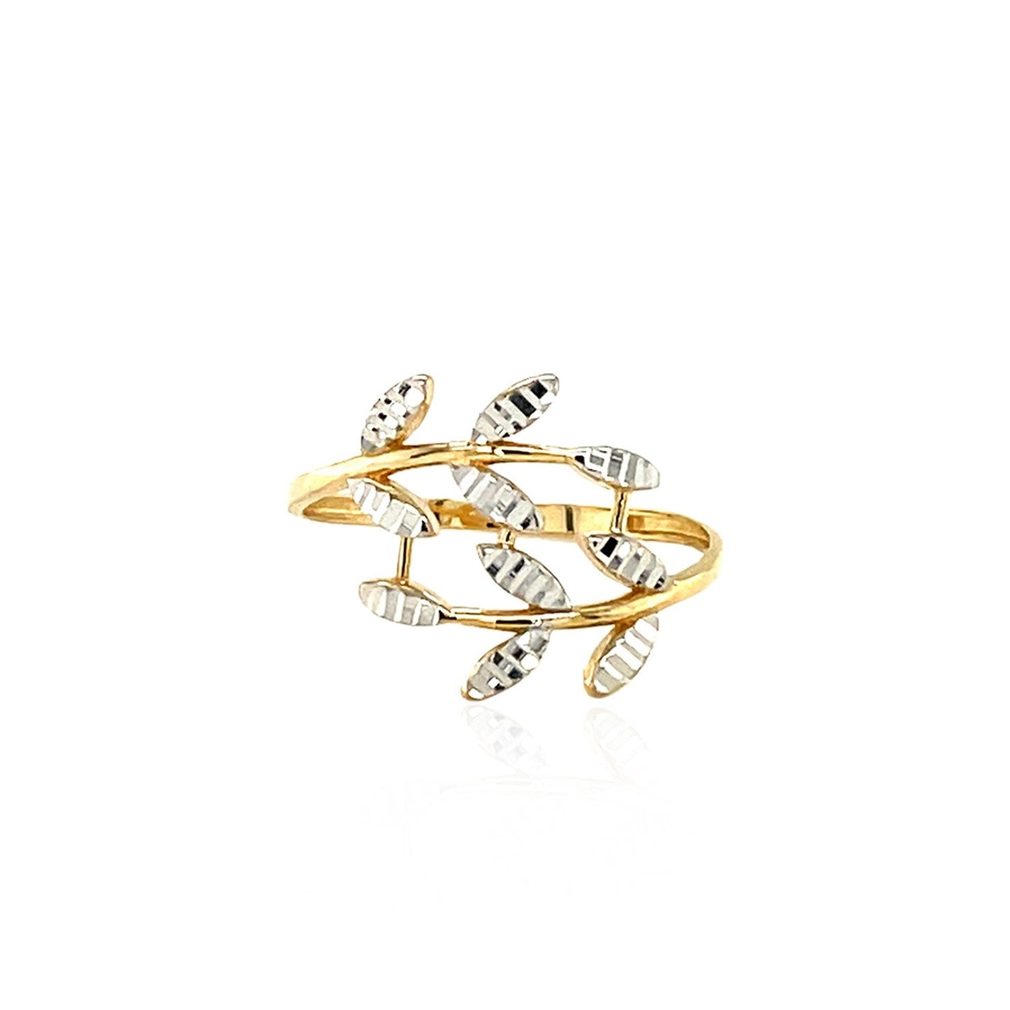14k Two Tone Gold Crossover Ring with Textured Leaves-1