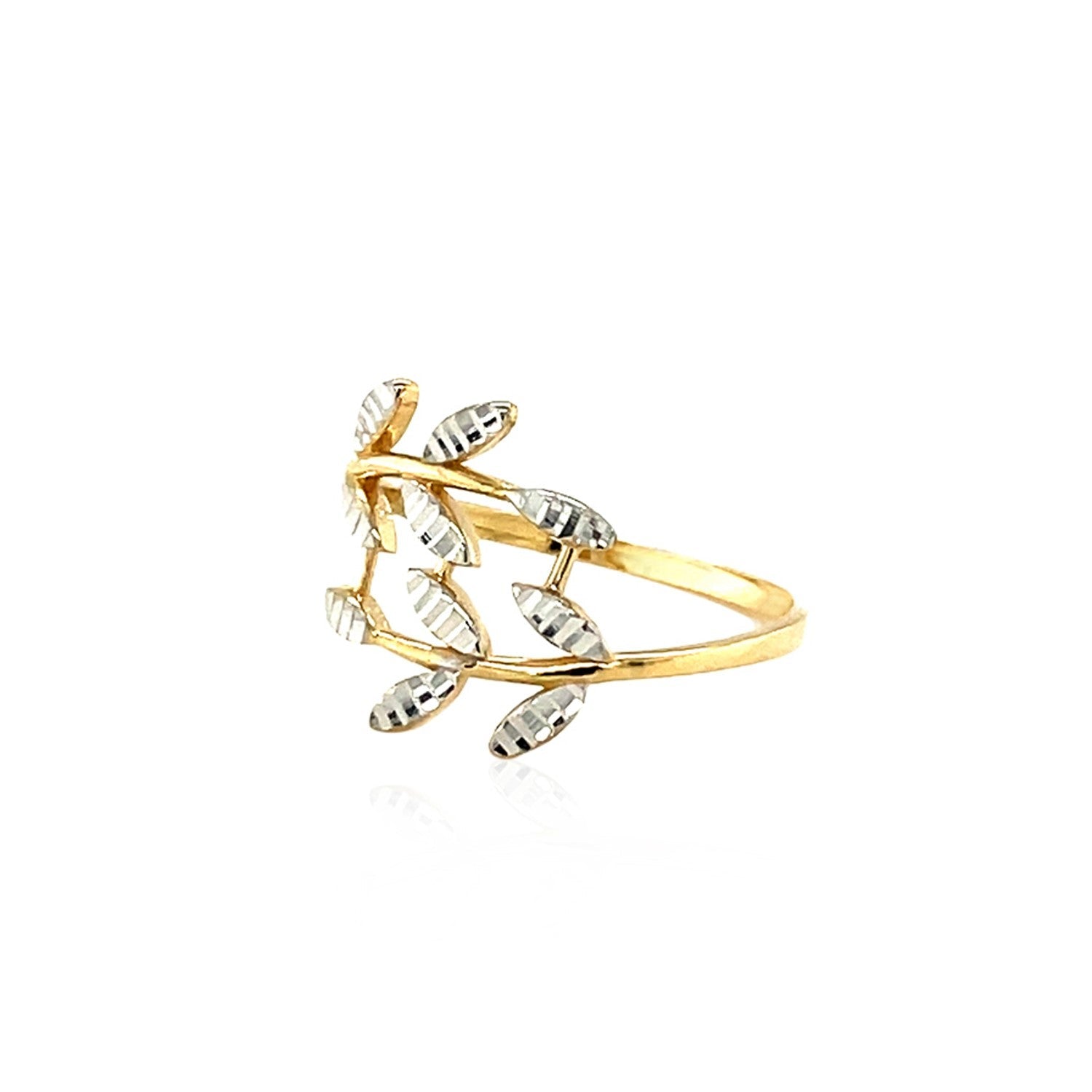 14k Two Tone Gold Crossover Ring with Textured Leaves-2
