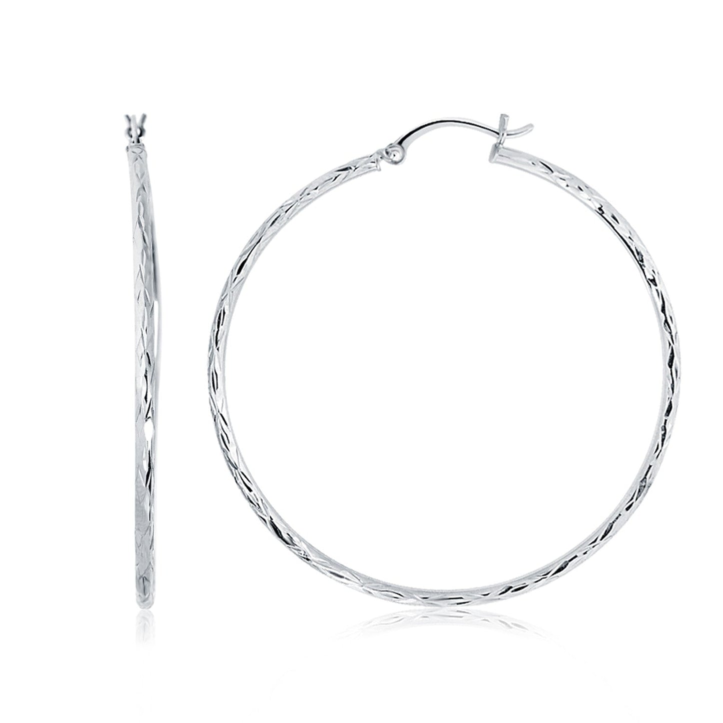 14k White Gold Diamond Cut Hoop Earrings (1 3/4 inch Diameter)-0