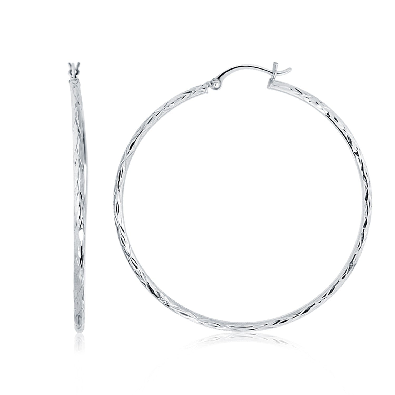 14k White Gold Diamond Cut Hoop Earrings (1 3/4 inch Diameter)-0