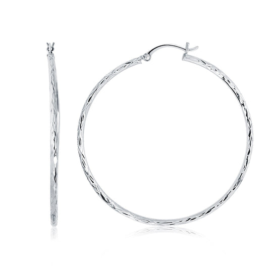 14k White Gold Diamond Cut Hoop Earrings (1 3/4 inch Diameter)-0