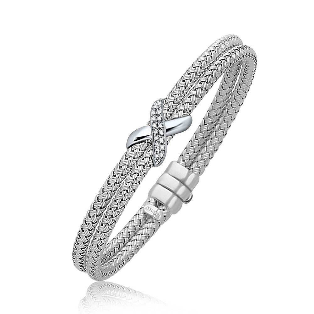 Diamond Accented X Station Weave Bangle in 14k White Gold (.17 cttw)-0