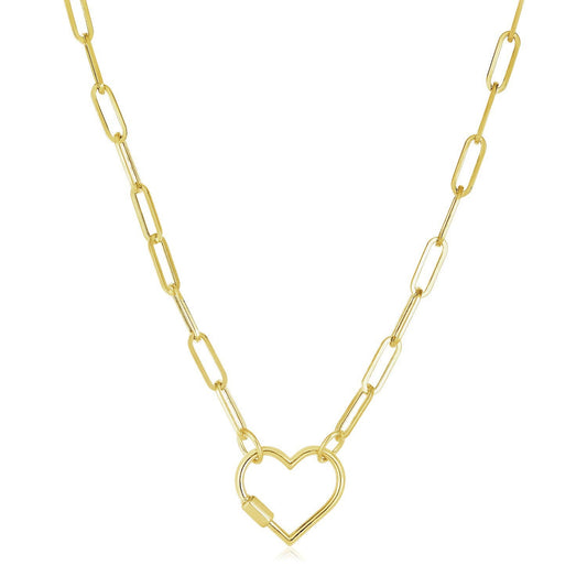 14k Yellow Gold Paperclip Chain Necklace with Heart Carabiner Clasp-0