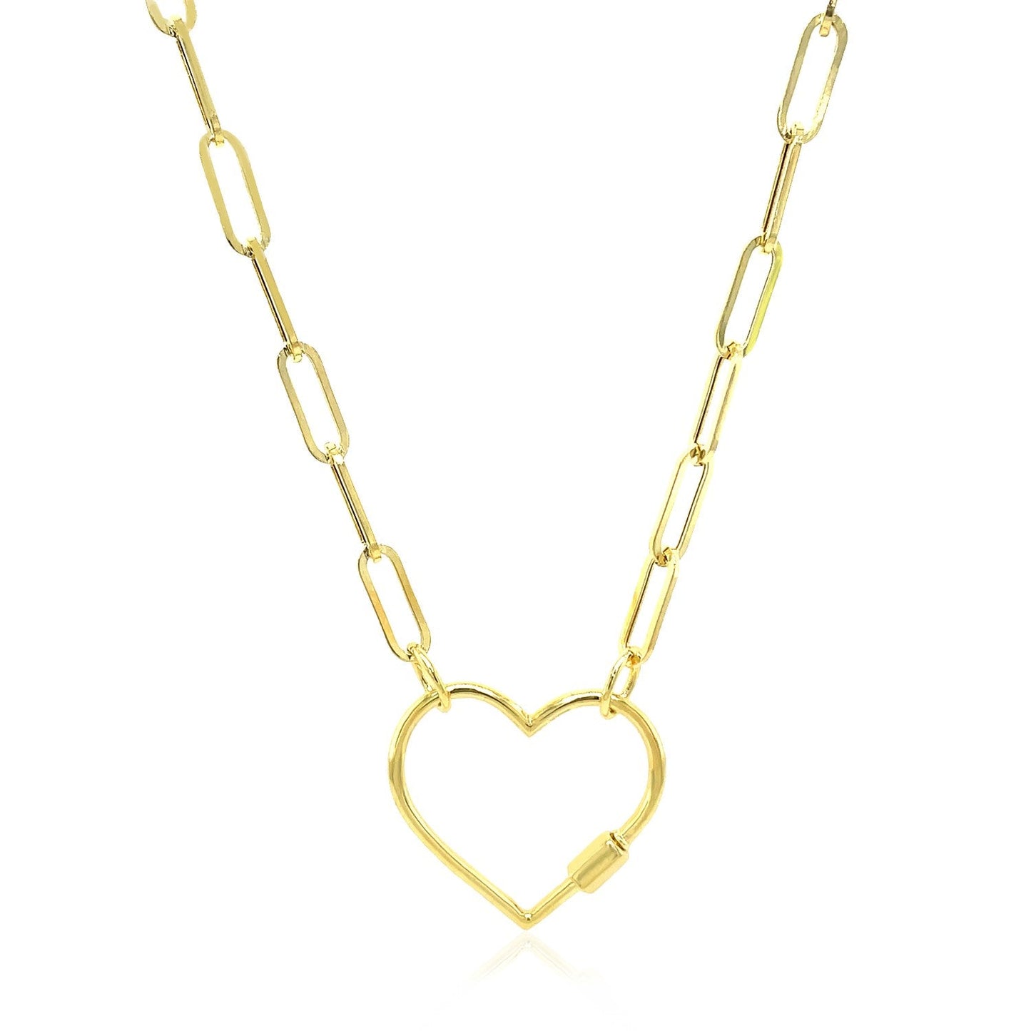 14k Yellow Gold Paperclip Chain Necklace with Heart Carabiner Clasp-1