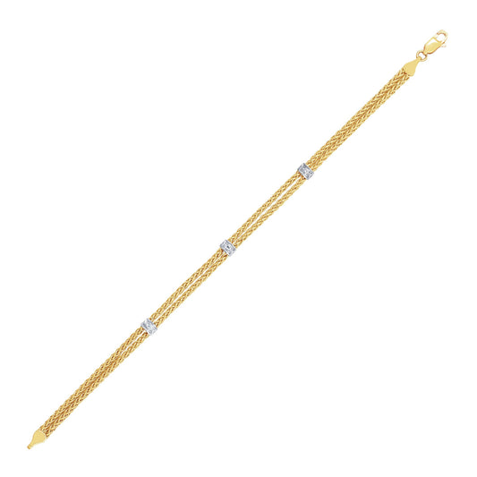 14k Two-Tone Gold Dual Wheat Chain Bracelet with Diamond Stations (.02 cttw)-0