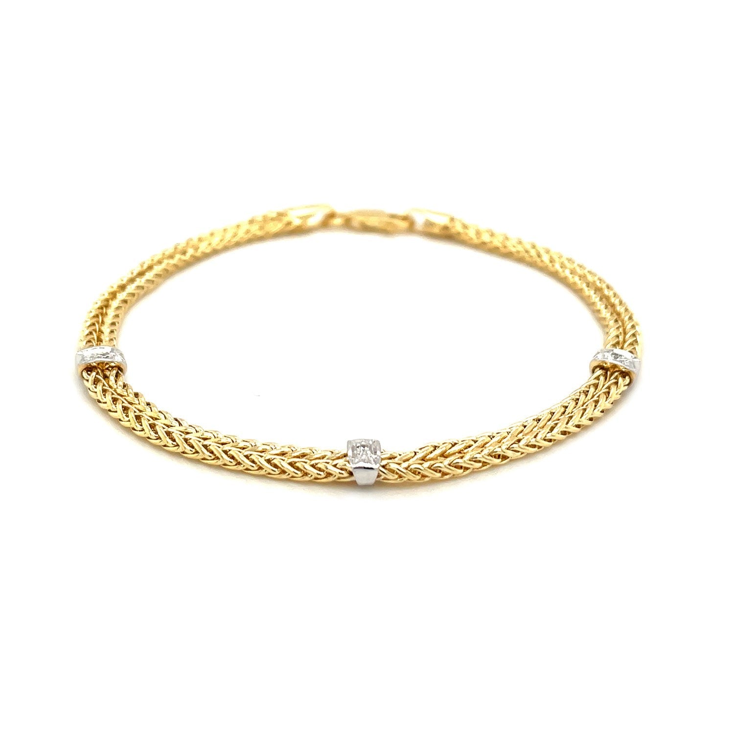 14k Two-Tone Gold Dual Wheat Chain Bracelet with Diamond Stations (.02 cttw)-1