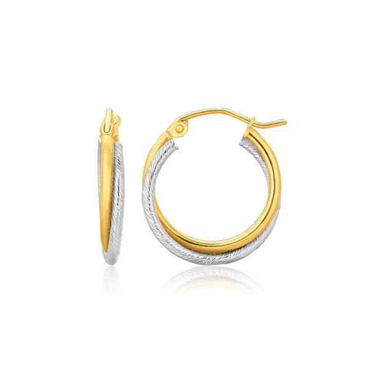 14k Two Tone Gold Double Polished and Textured Hoop Earrings-0