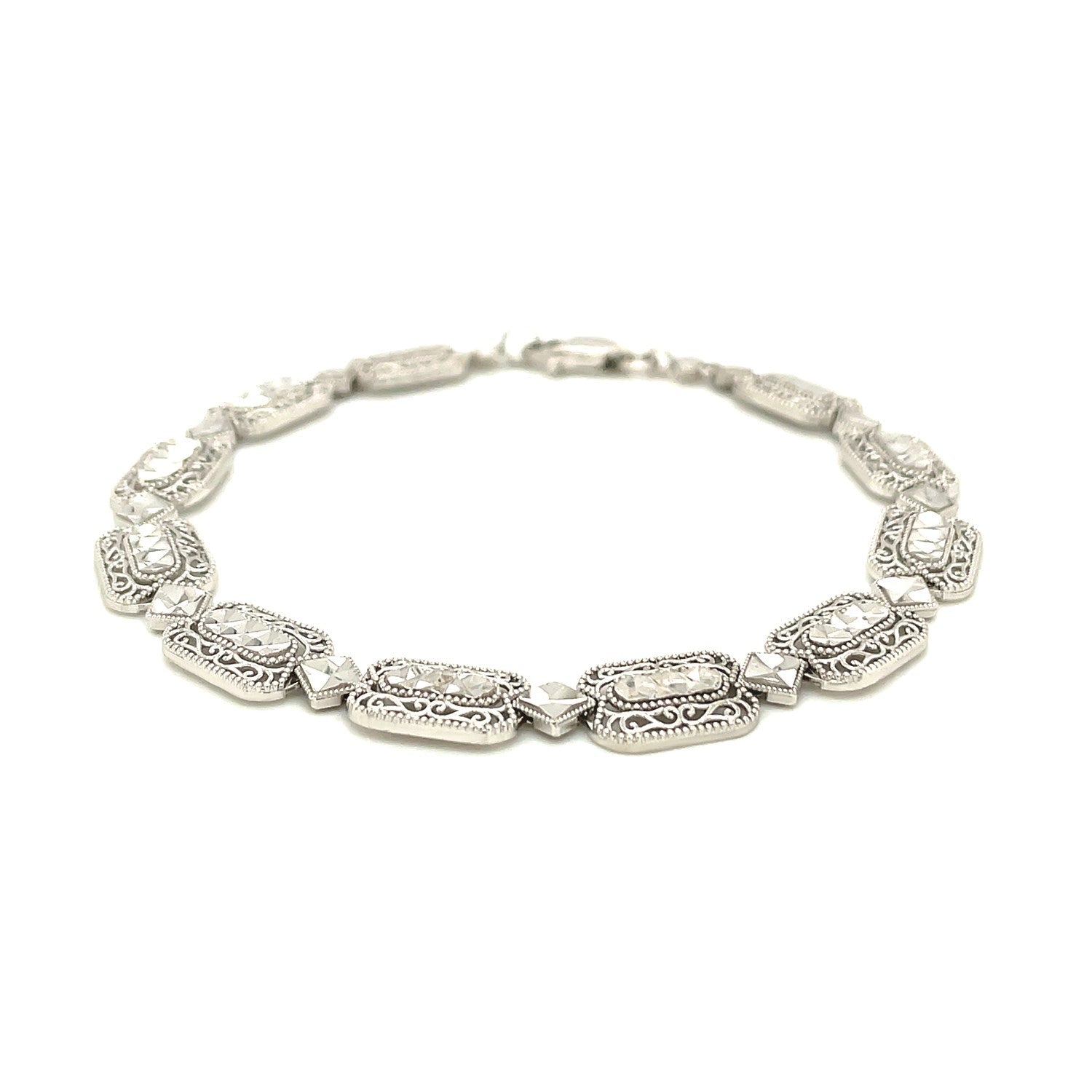 14k White Gold Antique Vintage Look Filigree Rectangular Link Bracelet-1