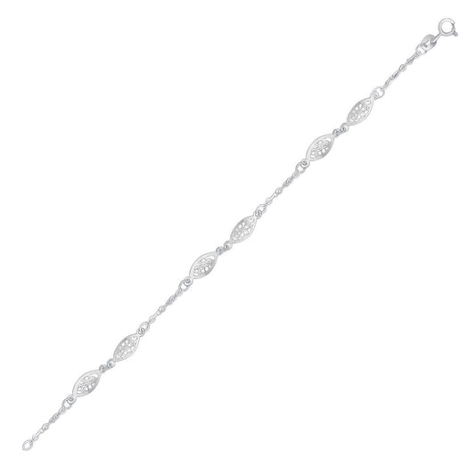 14k White Gold Filigree Marquise Stationed Anklet-0