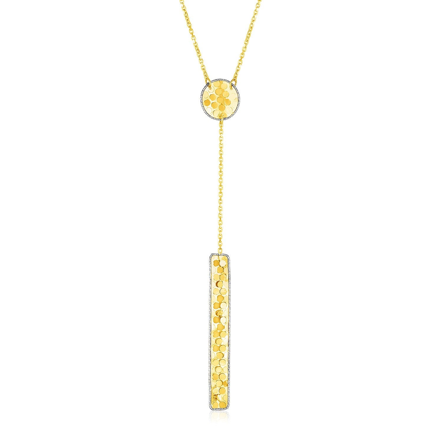 14k Two Tone Gold Lariat Necklace with Textured Circle and Bar-0