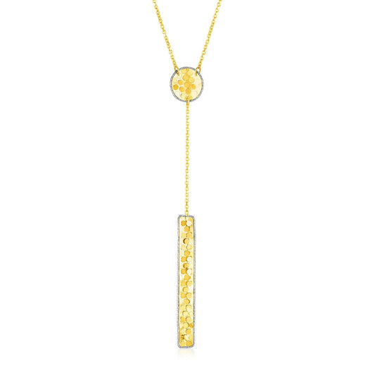 14k Two Tone Gold Lariat Necklace with Textured Circle and Bar-0