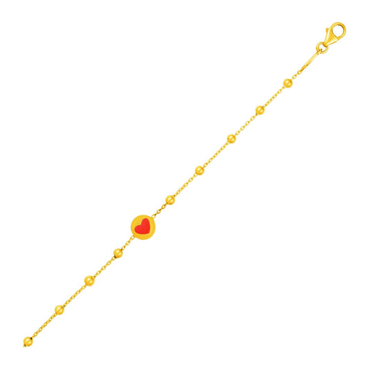 14k Yellow Gold Childrens Bracelet with Beads and Enameled Heart-0