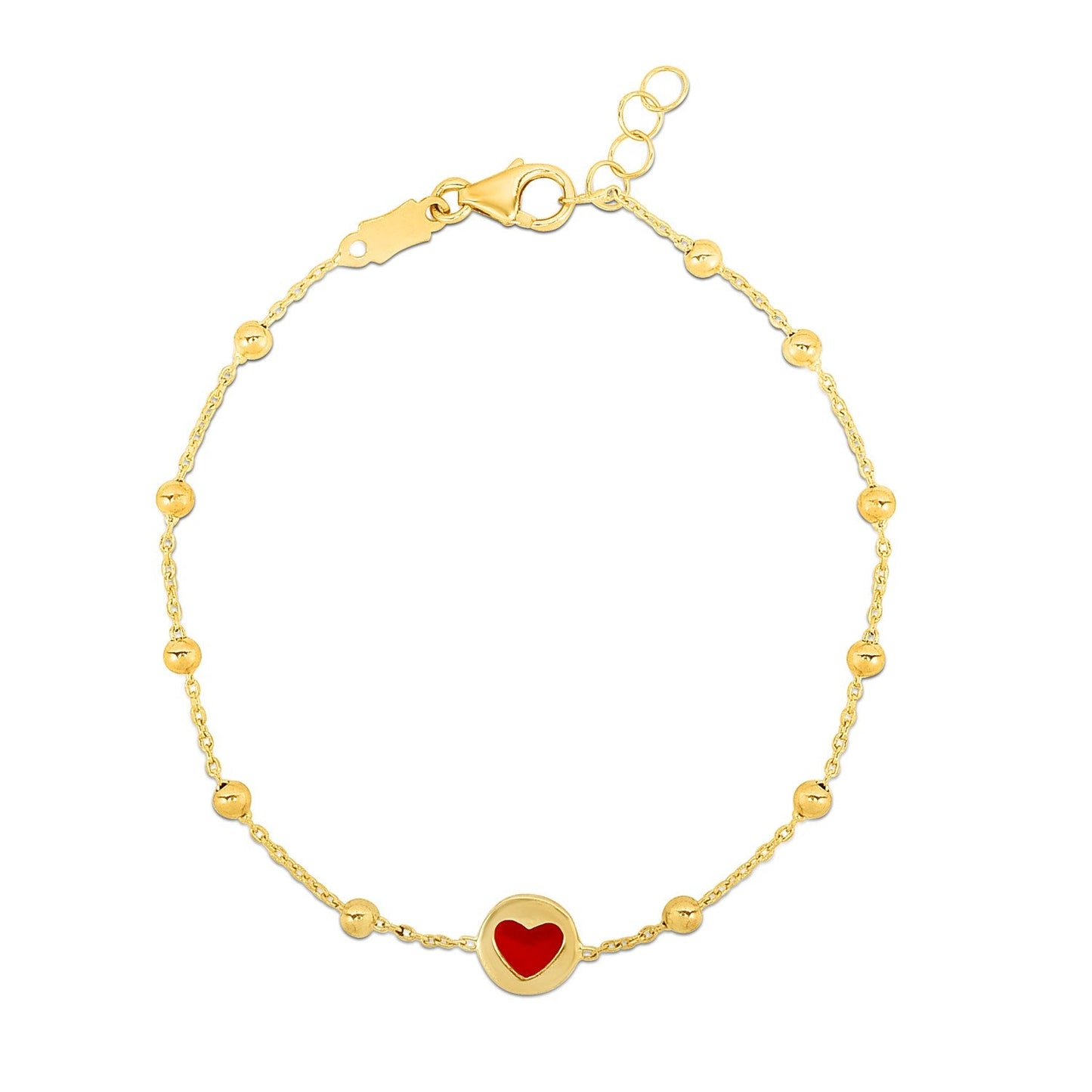 14k Yellow Gold Childrens Bracelet with Beads and Enameled Heart-1