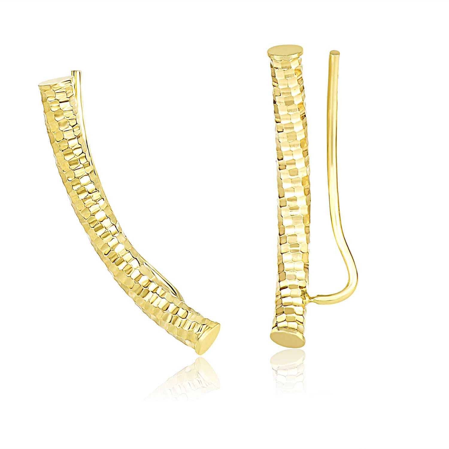 14k Yellow Gold Curved Tube Earrings with Diamond Cuts-0