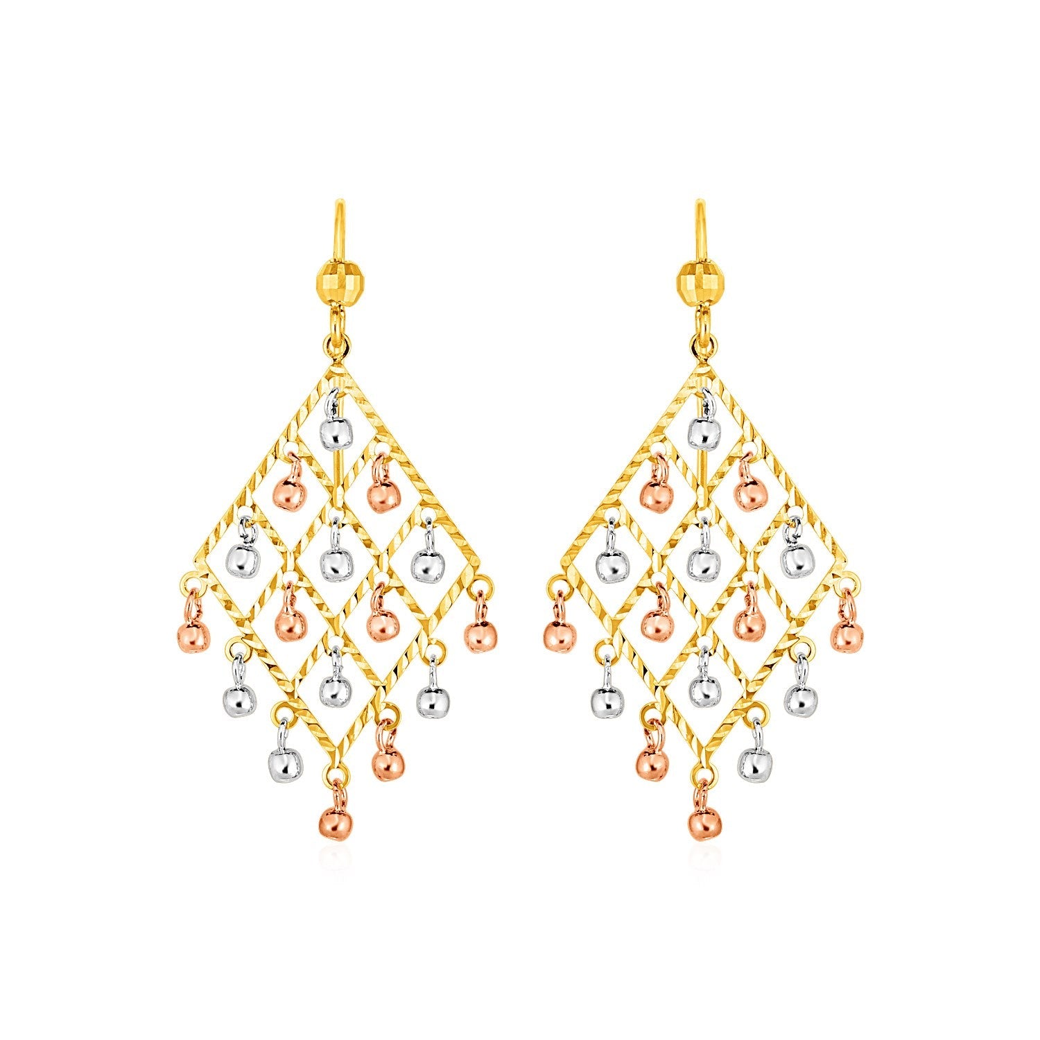 Textured Chandelier Earrings with Ball Drops in 14k Tri Color Gold-0