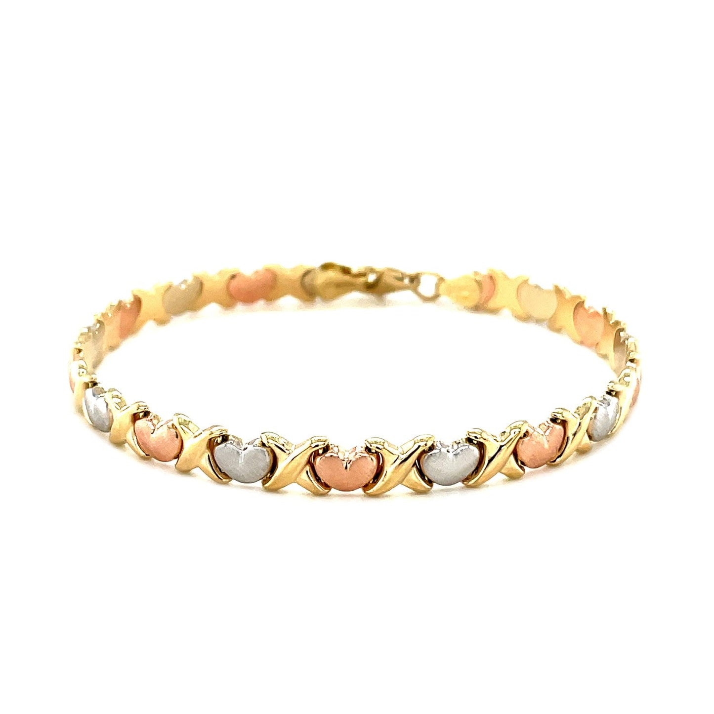14k Tri-Color Gold Fancy Satin Heart Line Bracelet-1