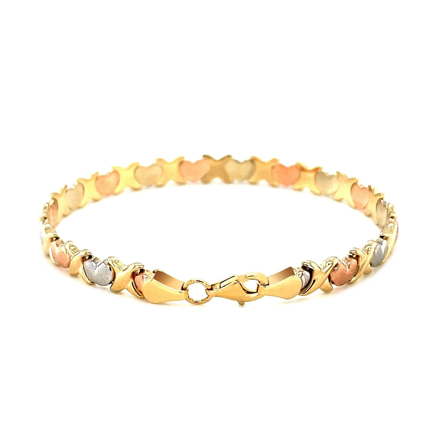14k Tri-Color Gold Fancy Satin Heart Line Bracelet-2