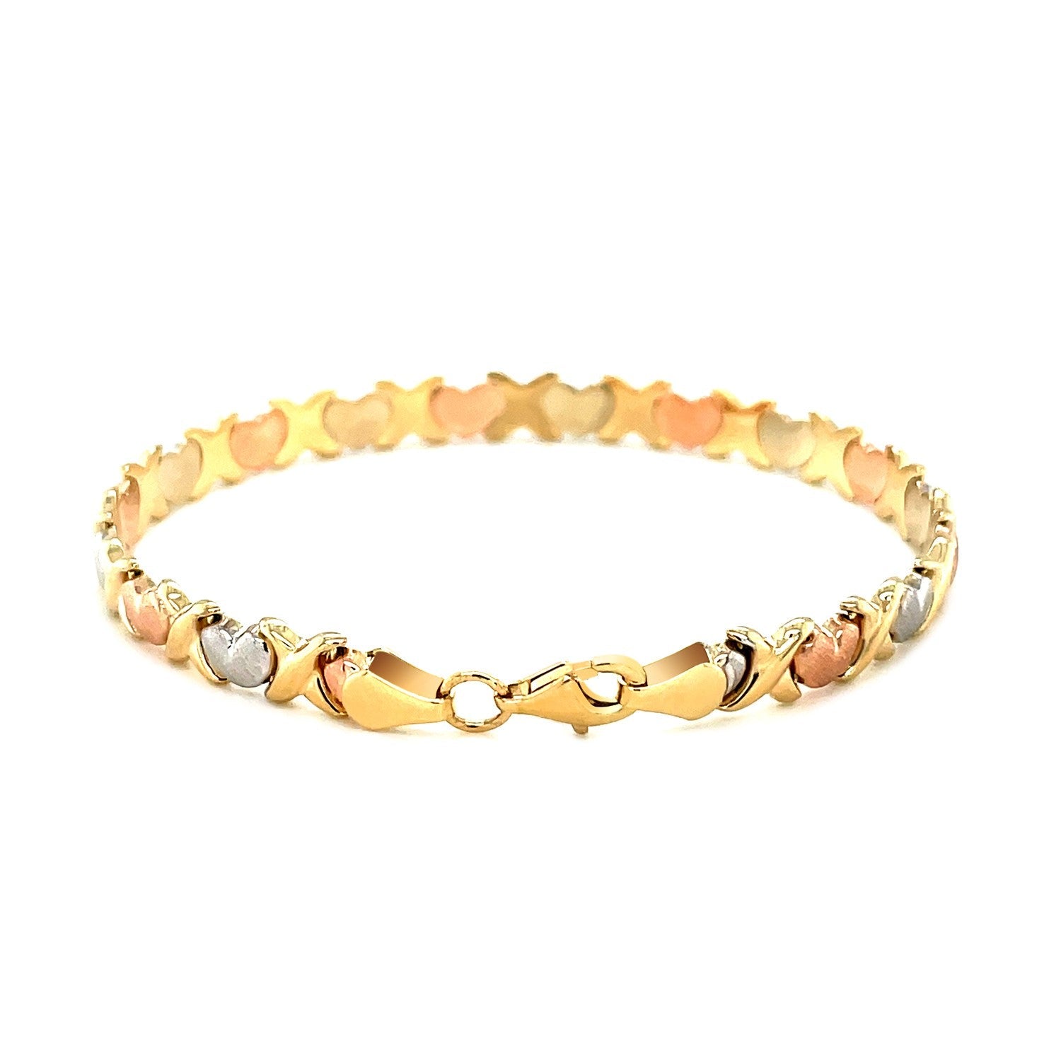 14k Tri-Color Gold Fancy Satin Heart Line Bracelet-2