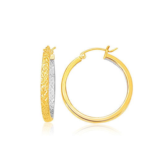 Two-Tone Yellow and White Gold Petite Patterned Hoop Earrings-0