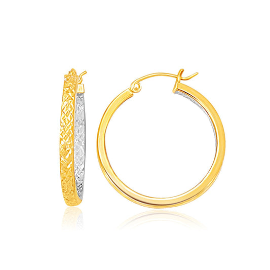 Two-Tone Yellow and White Gold Medium Patterned Hoop Earrings-0