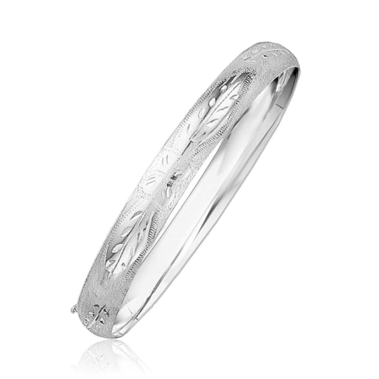 Classic Floral Carved Bangle in 14k White Gold (8.0mm)-0
