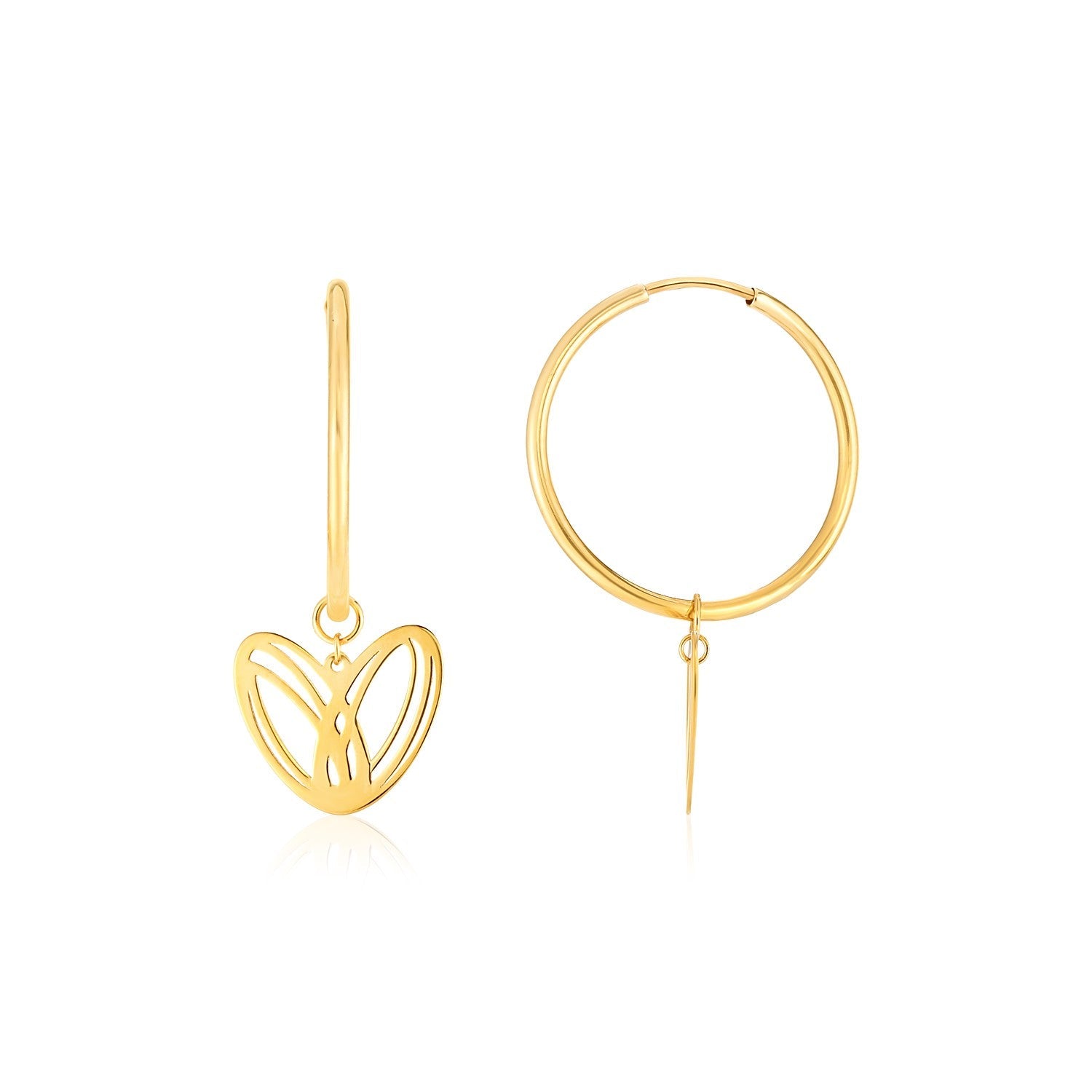 14K Yellow Gold Loopy Heart Charm Drop Hoop Earrings-0