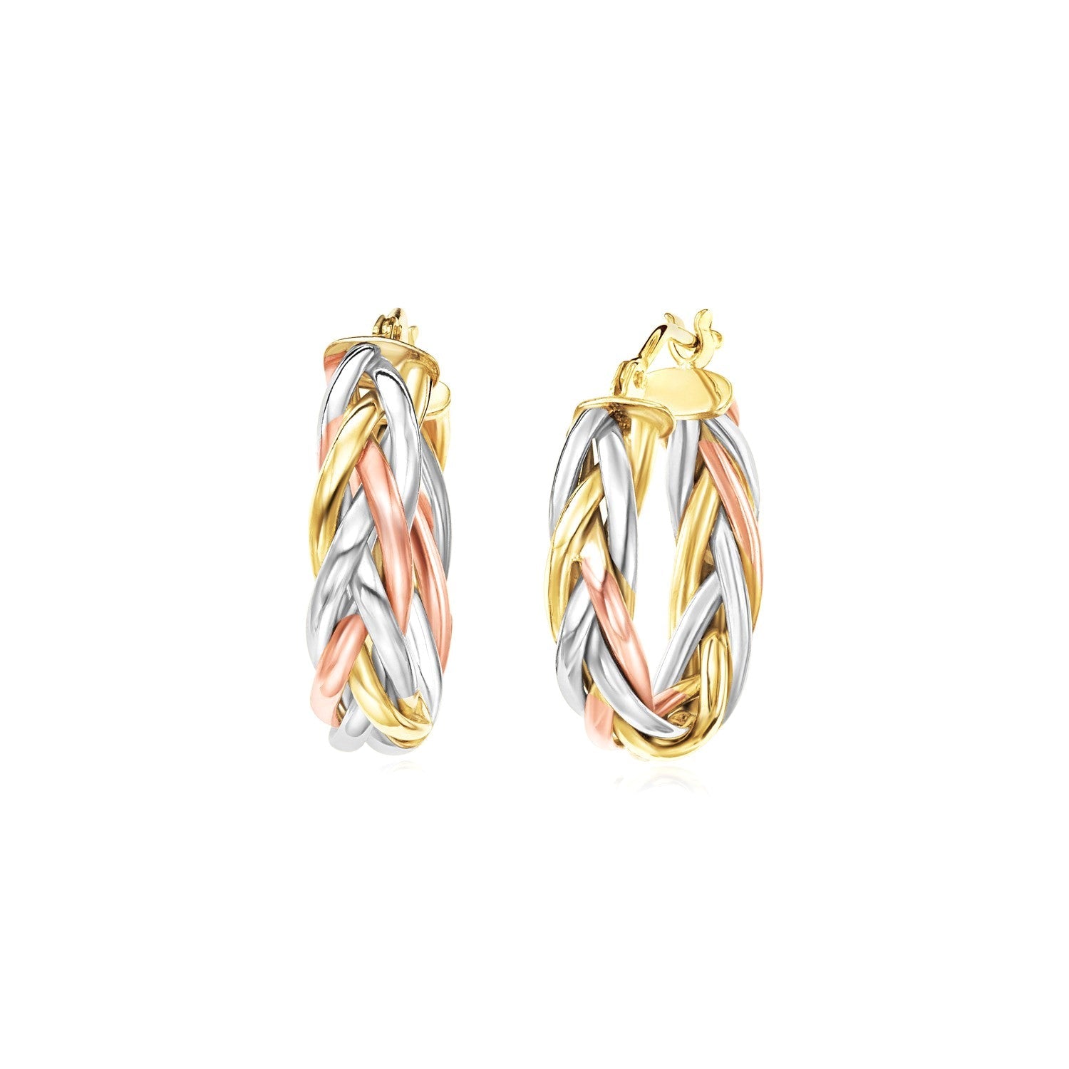 14k Tri Color Gold Three Toned Braided Hoop Earrings-0