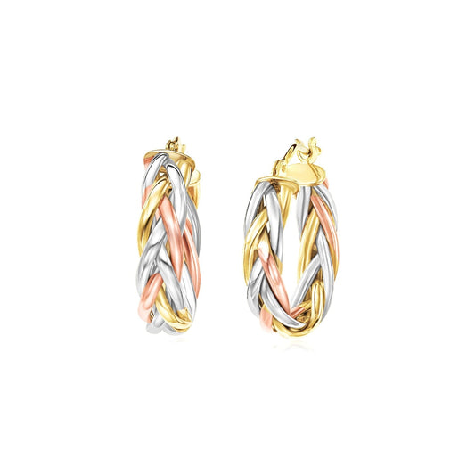 14k Tri Color Gold Three Toned Braided Hoop Earrings-0