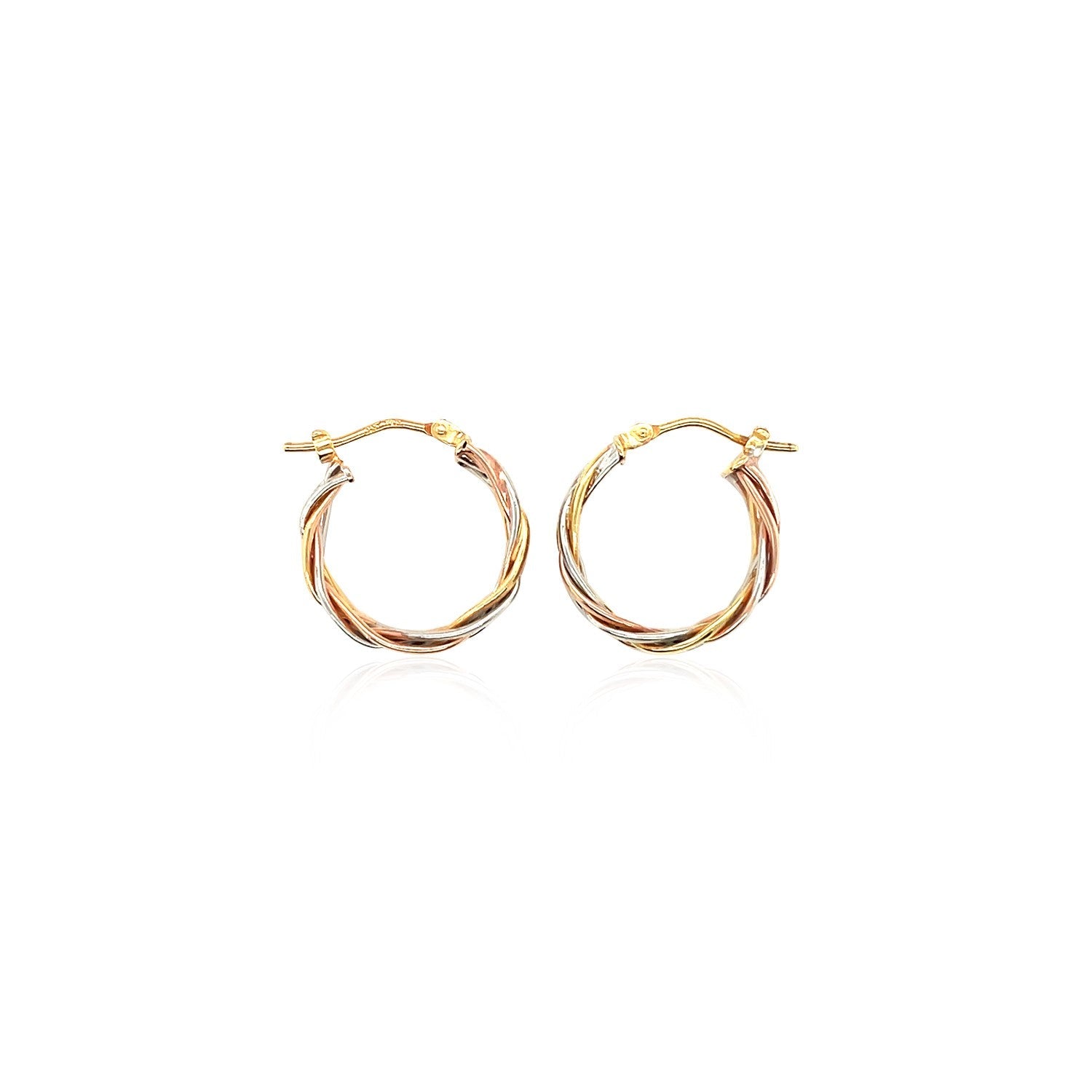 14k Tri Color Gold Three Toned Braided Hoop Earrings-1